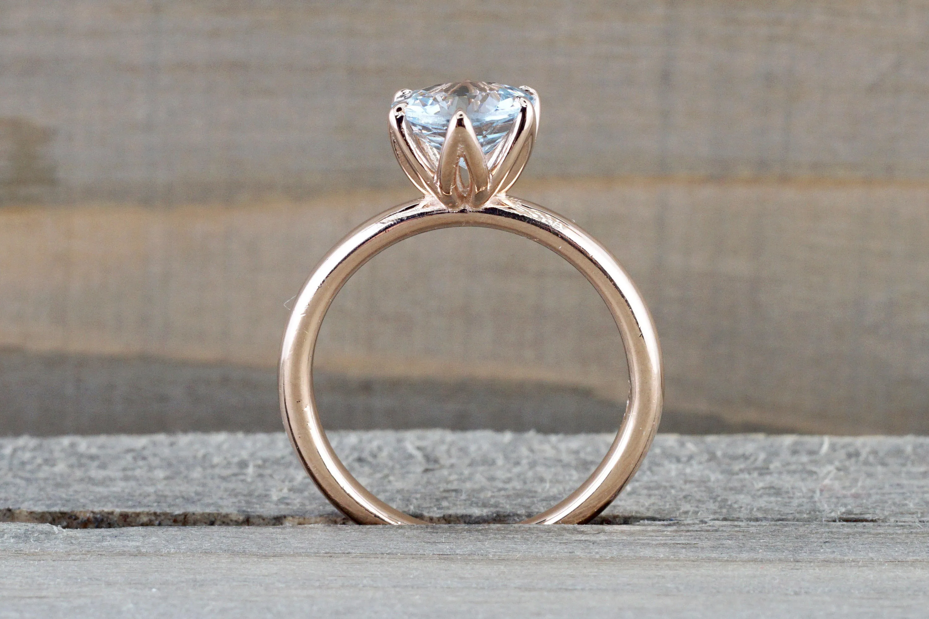 14k Rose Gold Round Aquamarine Tulip Crown Solitaire 6 Prong Ring 7mm Engagement Wedding Anniversary Ring Band