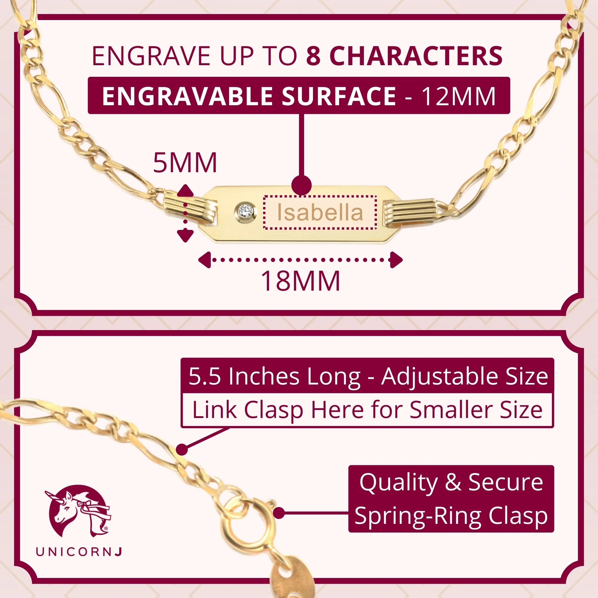 14K Yellow Gold ID Bracelet Figaro Chain Diamond Accent 0.01 ct 5.5 Italy for Boys and Girls