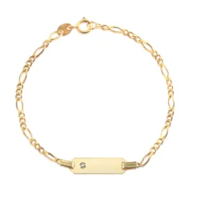 14K Yellow Gold ID Bracelet Figaro Chain Diamond Accent 0.01 ct 5.5 Italy for Boys and Girls