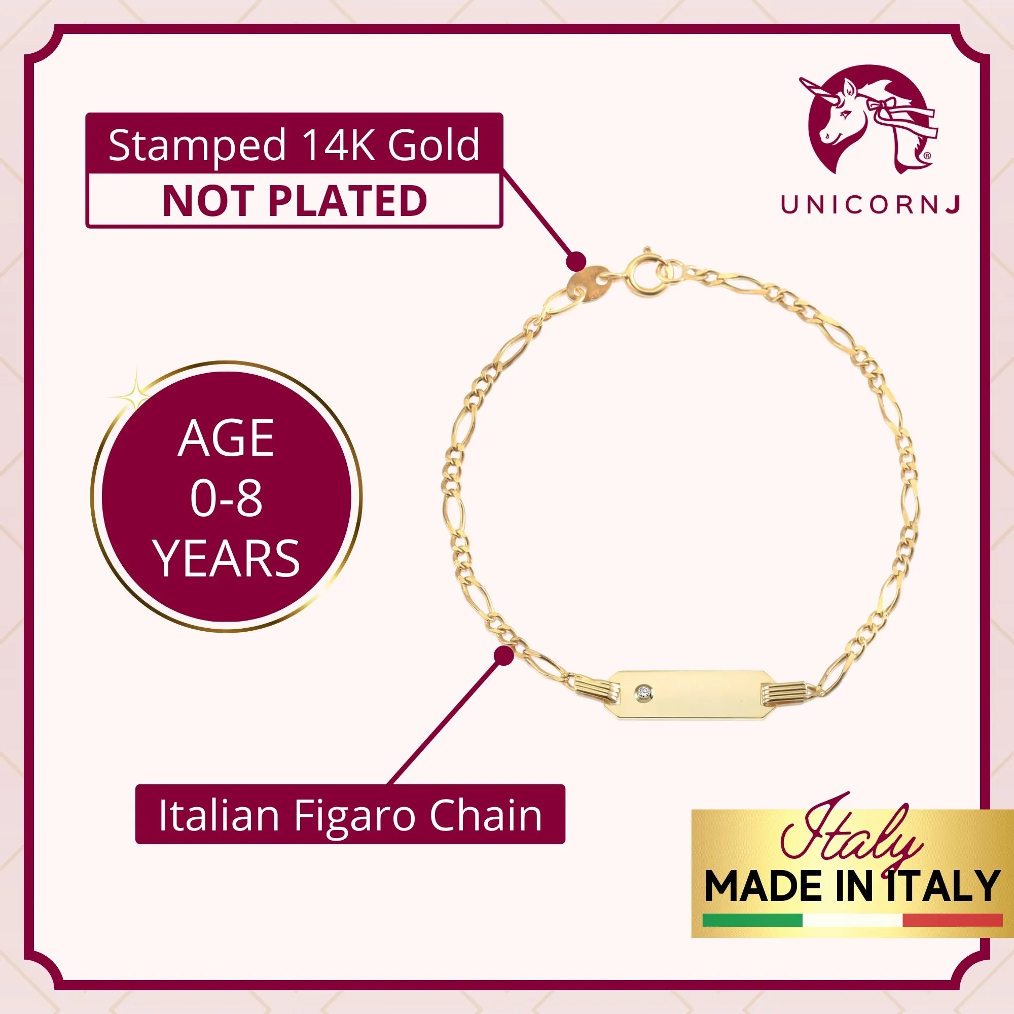 14K Yellow Gold ID Bracelet Figaro Chain Diamond Accent 0.01 ct 5.5 Italy for Boys and Girls