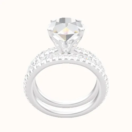 3/4 Pave Engagement Ring With Pave Tulip Prongs w. Surprise Diamond Head and Matching Band