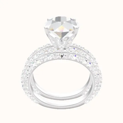 3/4 Three Row Pave Engagement Ring With Pave Tulip Prongs w. Surprise Diamond Head and Matching Band