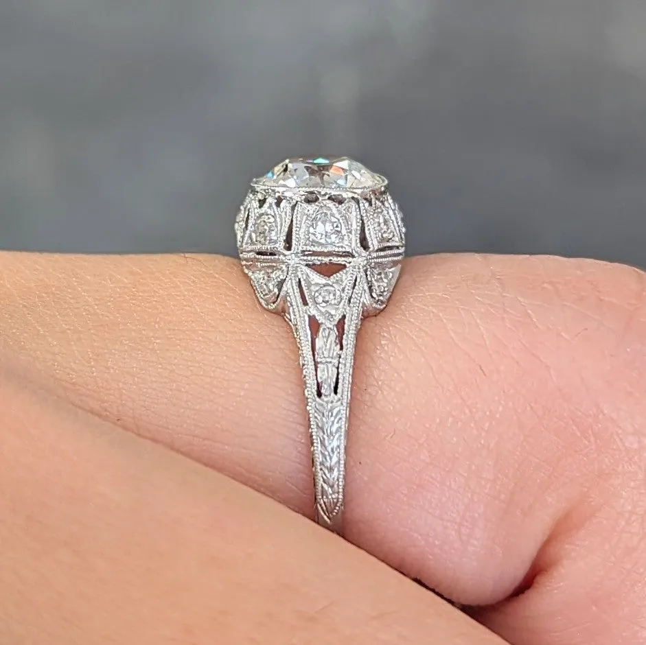 Art Deco 1.72 CTW Old European Cut Diamond Platinum Tulip Vintage Engagement Ring