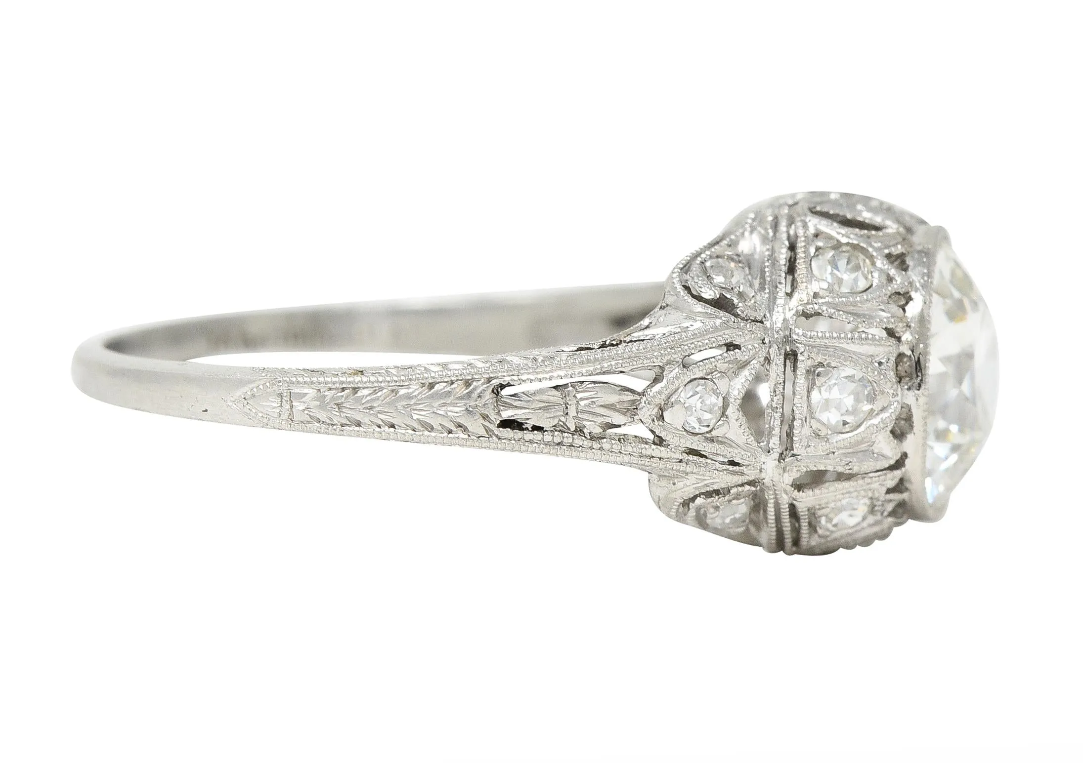 Art Deco 1.72 CTW Old European Cut Diamond Platinum Tulip Vintage Engagement Ring