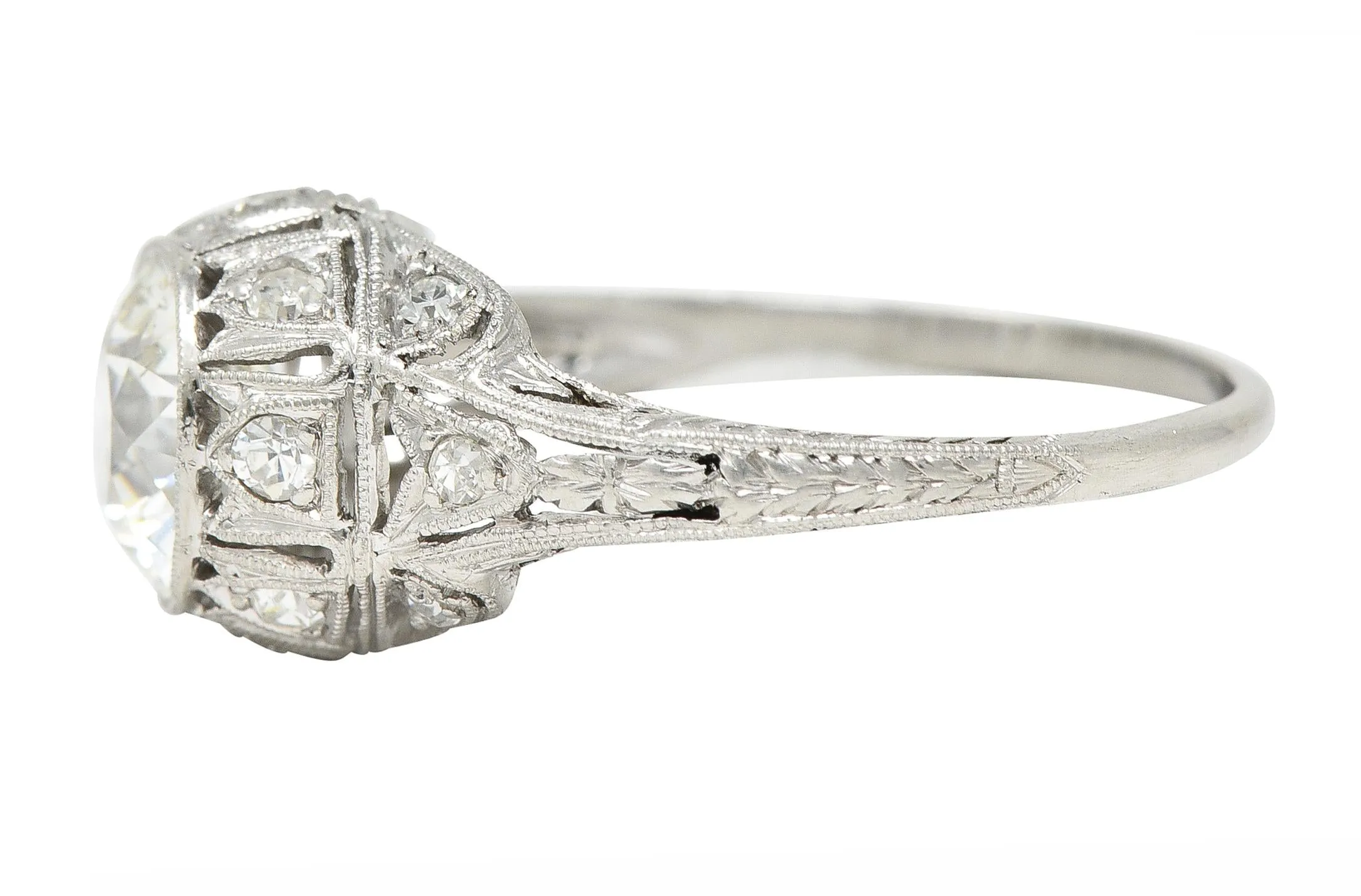 Art Deco 1.72 CTW Old European Cut Diamond Platinum Tulip Vintage Engagement Ring