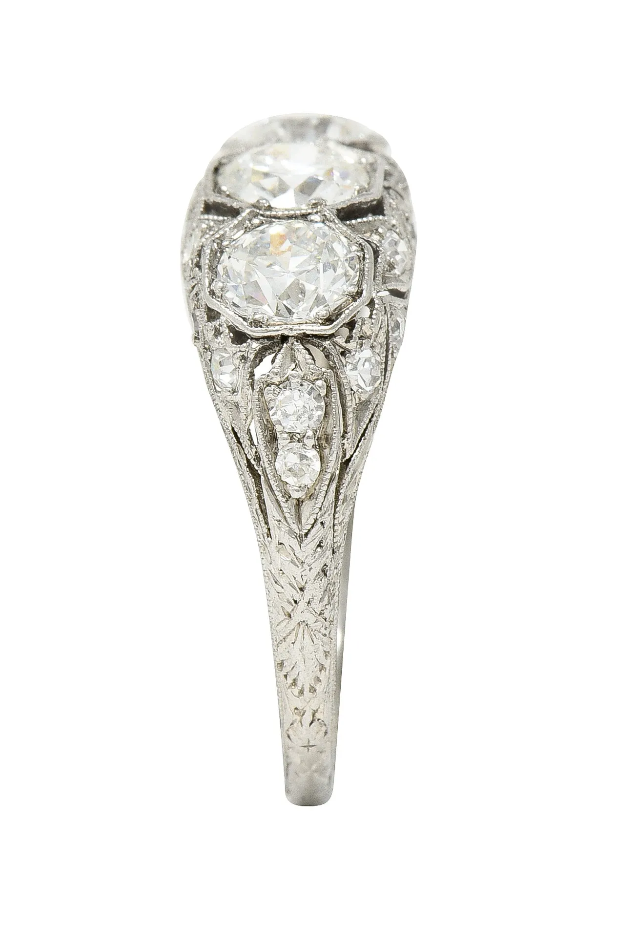 Art Deco 2.34 CTW Diamond Platinum Three Stone Tulip Vintage Ring