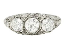 Art Deco 2.34 CTW Diamond Platinum Three Stone Tulip Vintage Ring