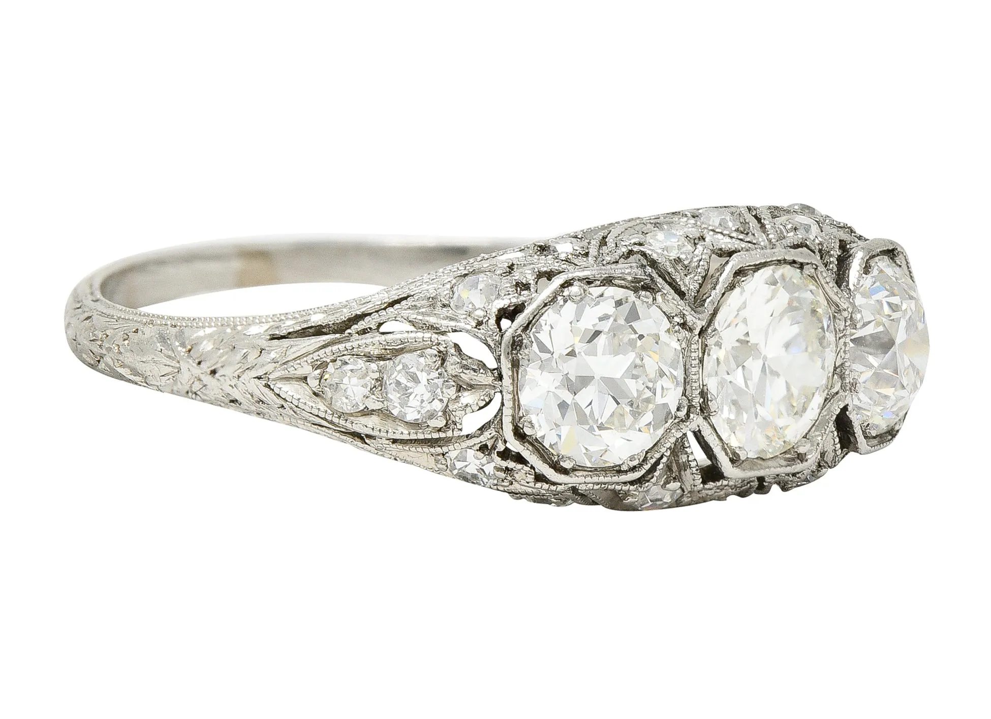 Art Deco 2.34 CTW Diamond Platinum Three Stone Tulip Vintage Ring