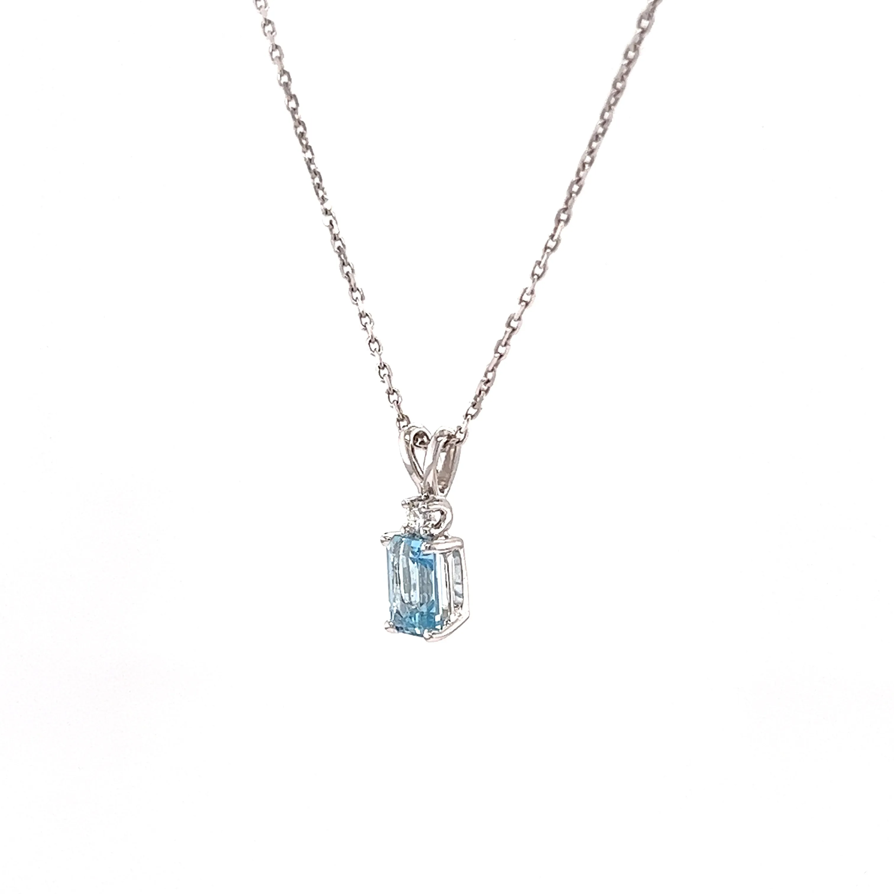 Baguette Aquamarine Pendant with One Accent Diamond in 14K White Gold