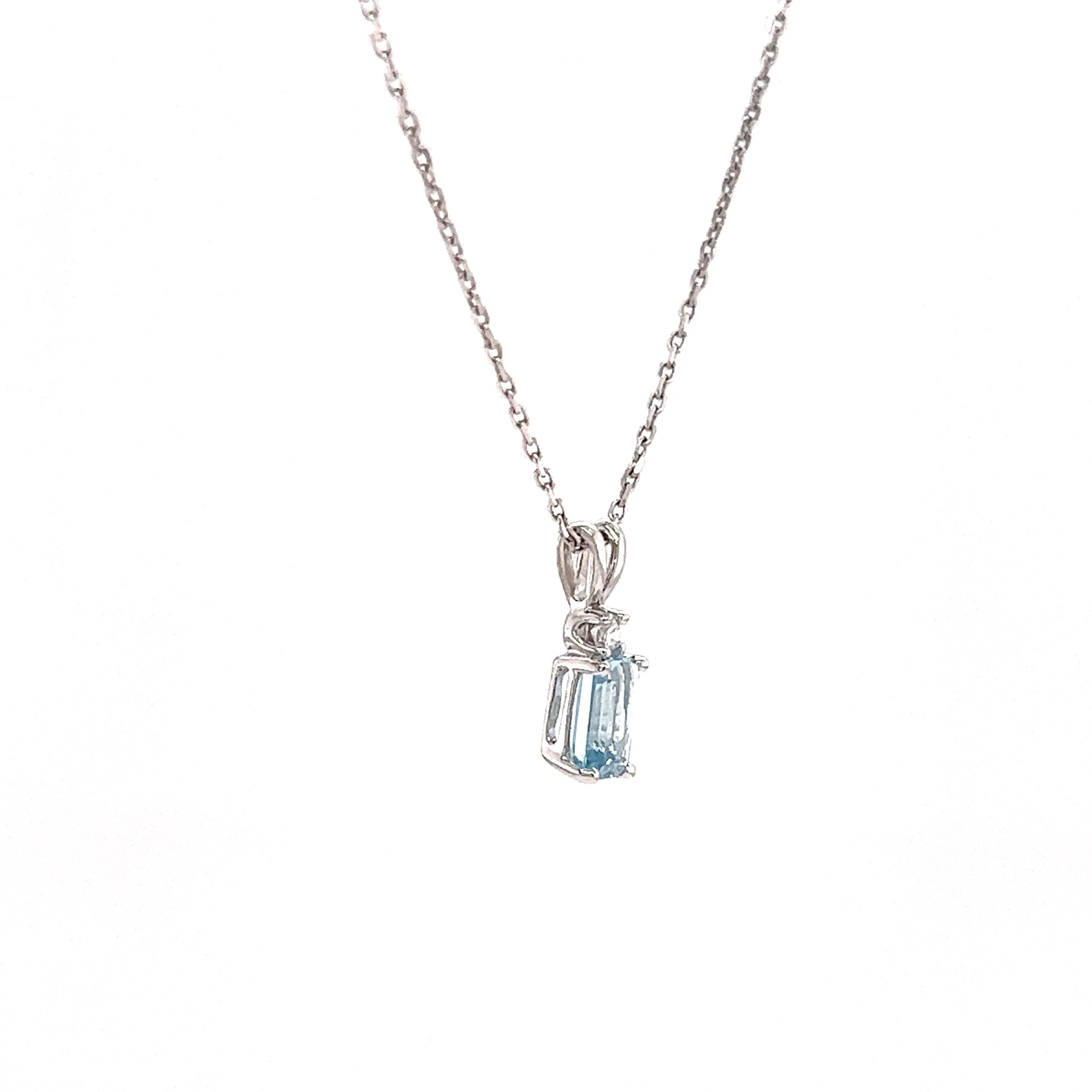 Baguette Aquamarine Pendant with One Accent Diamond in 14K White Gold