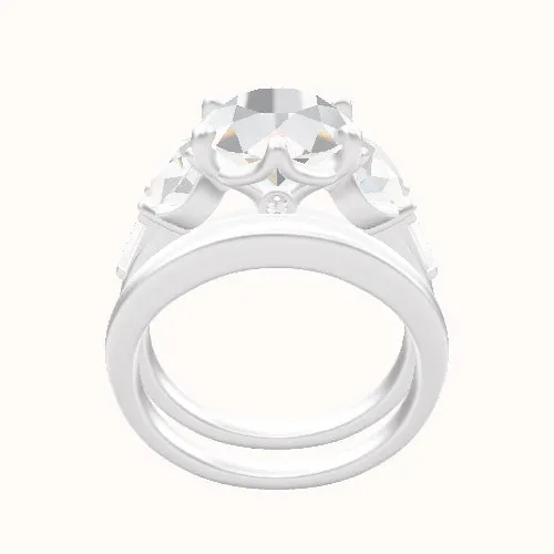 Cathedral Band with Round & Tapered Baguette Sidestones Engagement Ring With Crown Six Prong w. accent Diamond Head and Matching