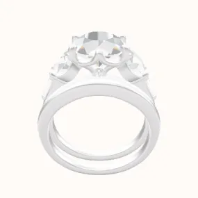 Cathedral Band with Round & Tapered Baguette Sidestones Engagement Ring With Crown Six Prong w. accent Diamond Head and Matching