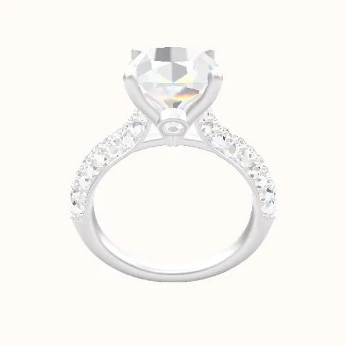 Cathedral Three Row Pave Engagement Ring With Accent Diamond Head