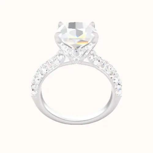 Cathedral Three Row Pave Engagement Ring With Pave Tulip Prongs w. Surprise Diamond Head