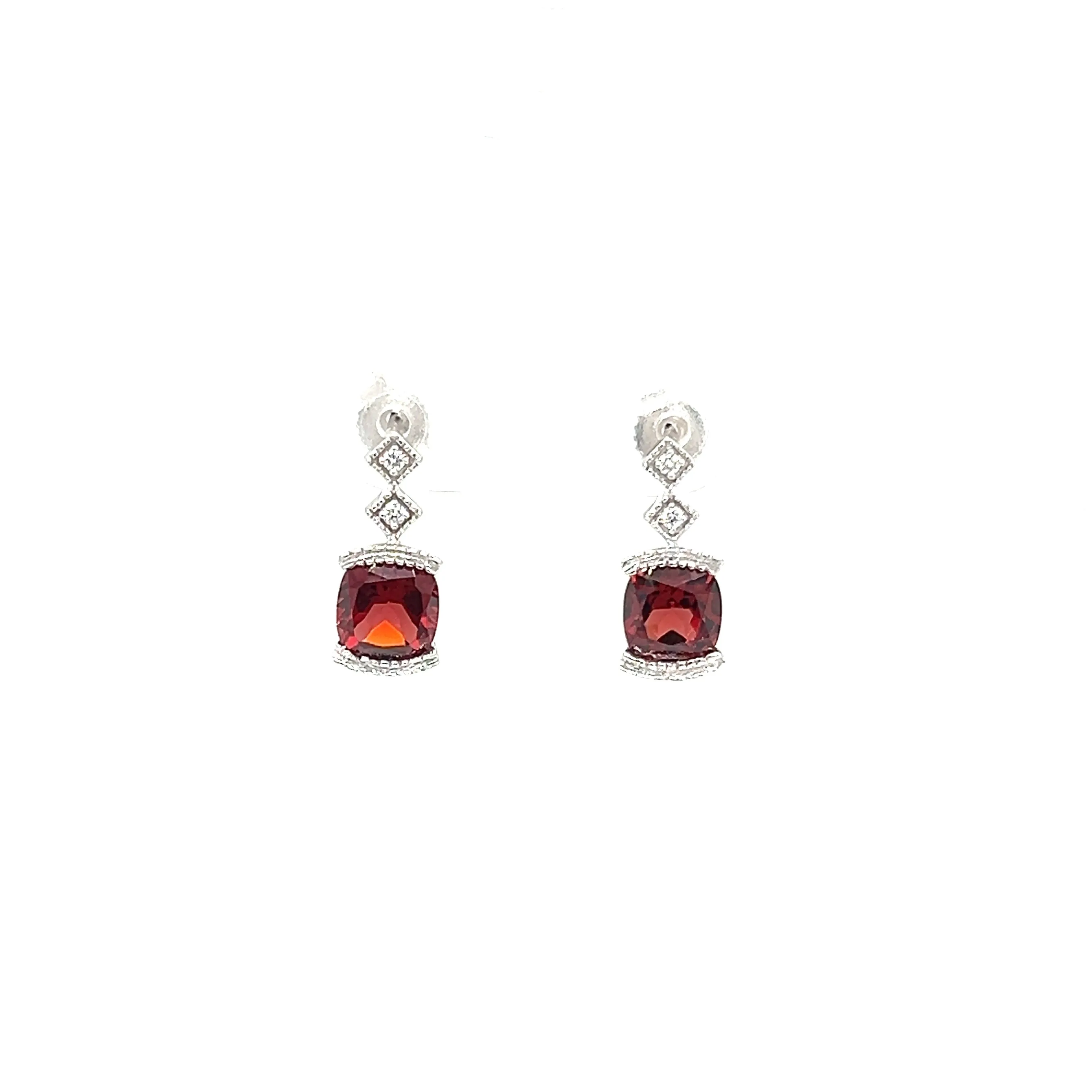 Cushion Garnet Post Earrings with Accent Diamonds in 14K White Gold