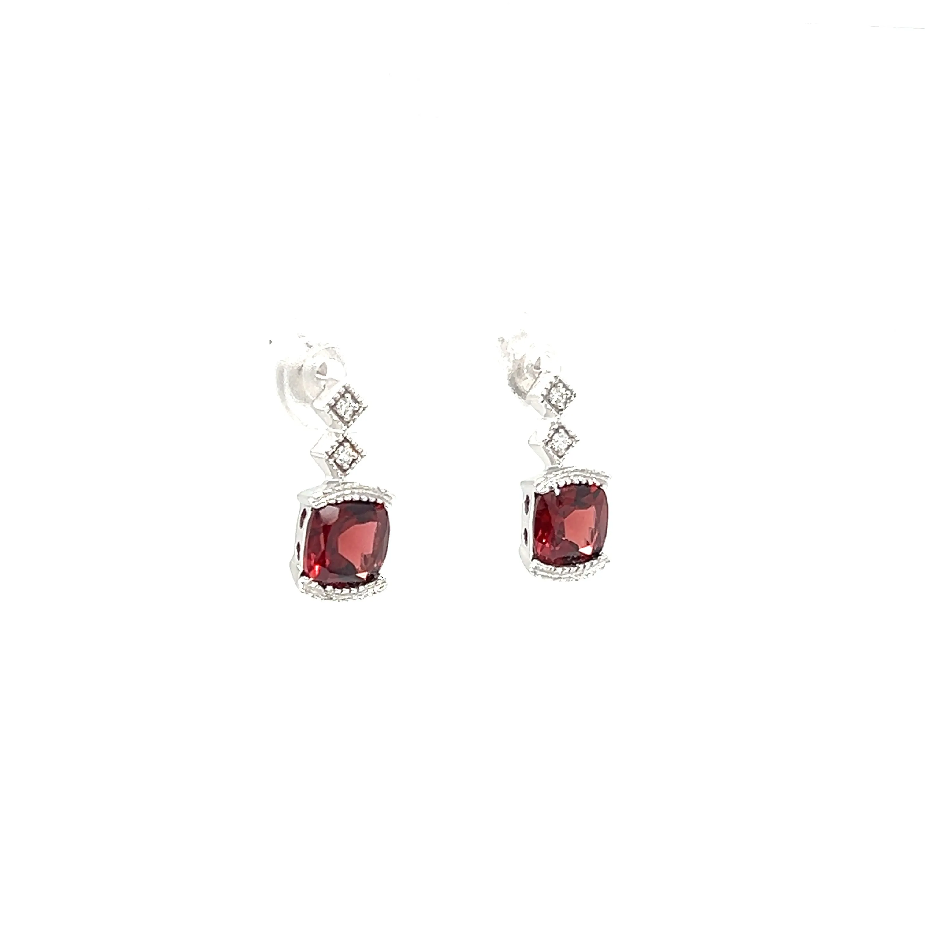 Cushion Garnet Post Earrings with Accent Diamonds in 14K White Gold