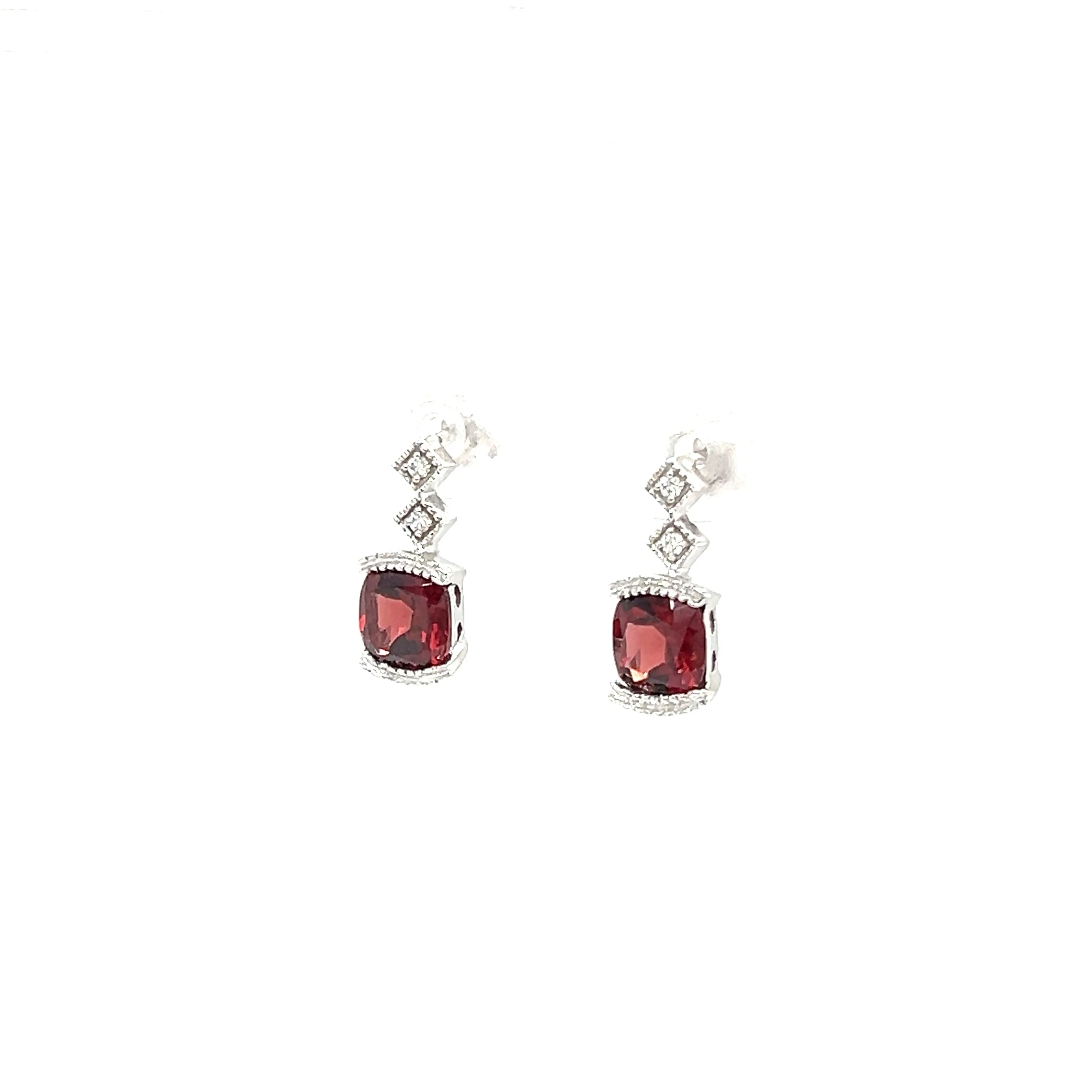 Cushion Garnet Post Earrings with Accent Diamonds in 14K White Gold