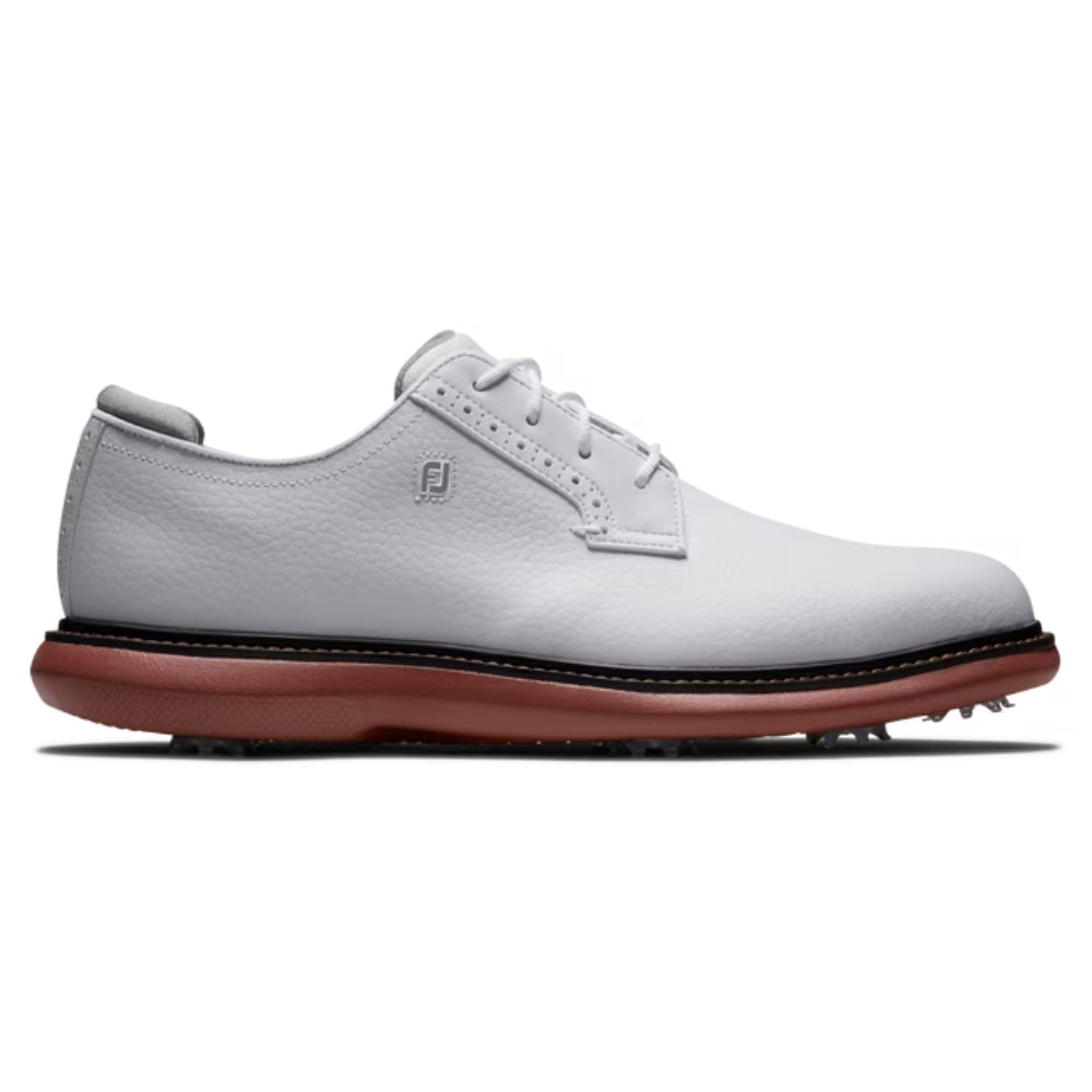 FootJoy Mens Traditions Blucher Cleated Golf Shoes - White/White/Brick