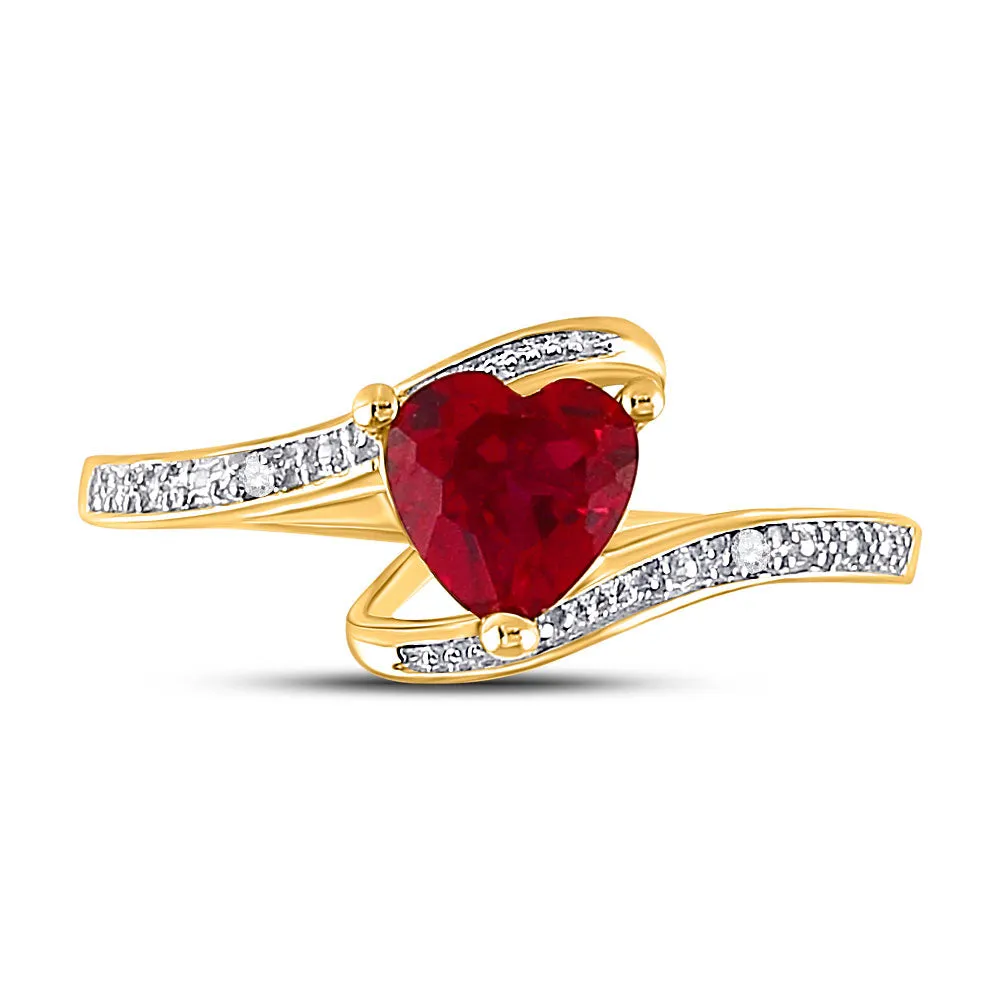 Keene Jewelers 10kt Yellow Gold Womens Heart Lab-Created Ruby Solitaire Diamond-accent Bypass Ring 1 Cttw