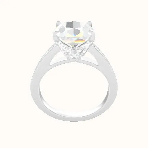 Micropave Cathedral Engagement Ring With Pave Tulip Prongs w. Surprise Diamond Head