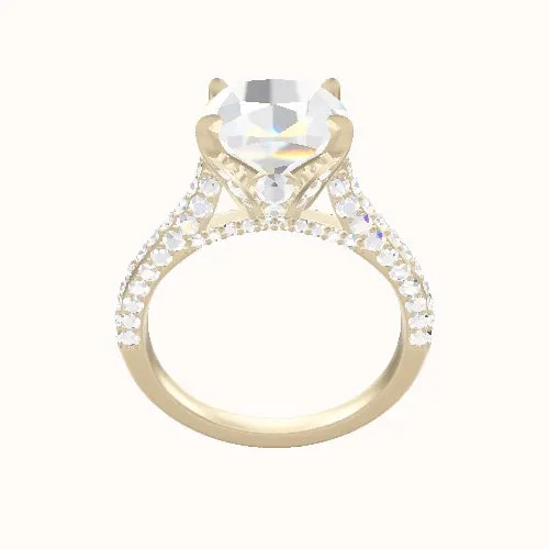 Petite Cathedral Three Row Engagement Ring With Pave Tulip Prongs w. Surprise Diamond Head