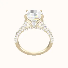 Petite Cathedral Three Row Engagement Ring With Pave Tulip Prongs w. Surprise Diamond Head