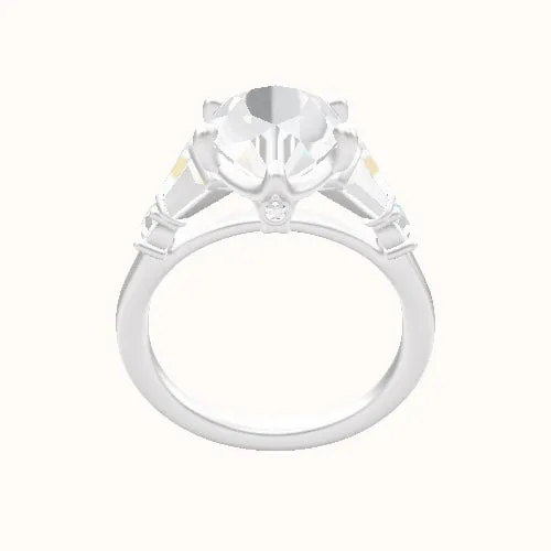 Plain Band with Triple Tapered Baguettes & Round Sidestones Engagement Ring With Crown Six Prong w. accent Diamond Head