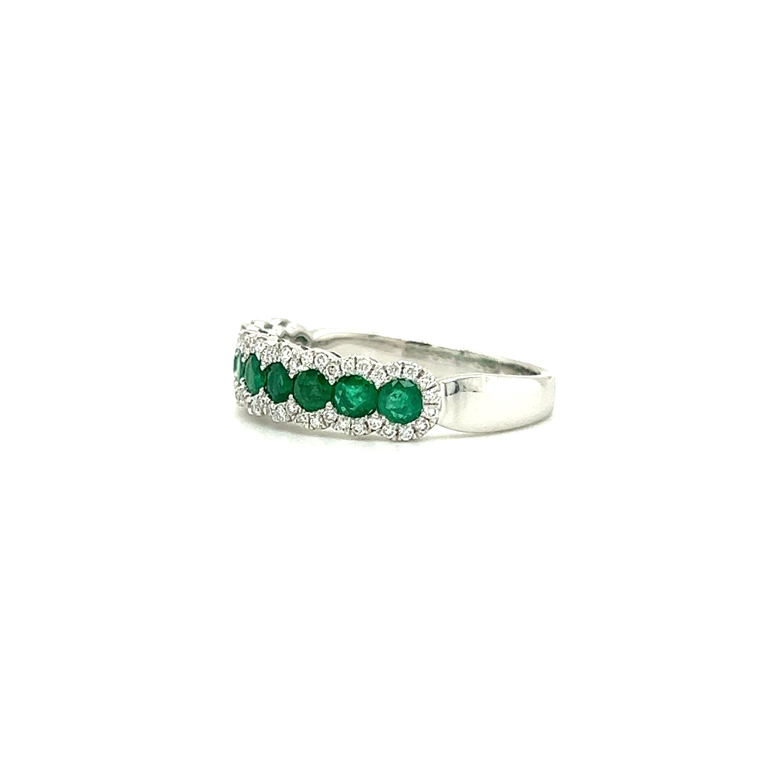 Round Emerald Ring with Sixty Accent Diamonds in 14K White Gold