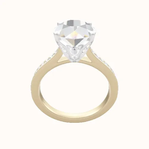 Tapered Channel Set Engagement Ring With Pave Tulip Prongs w. Surprise Diamond Head