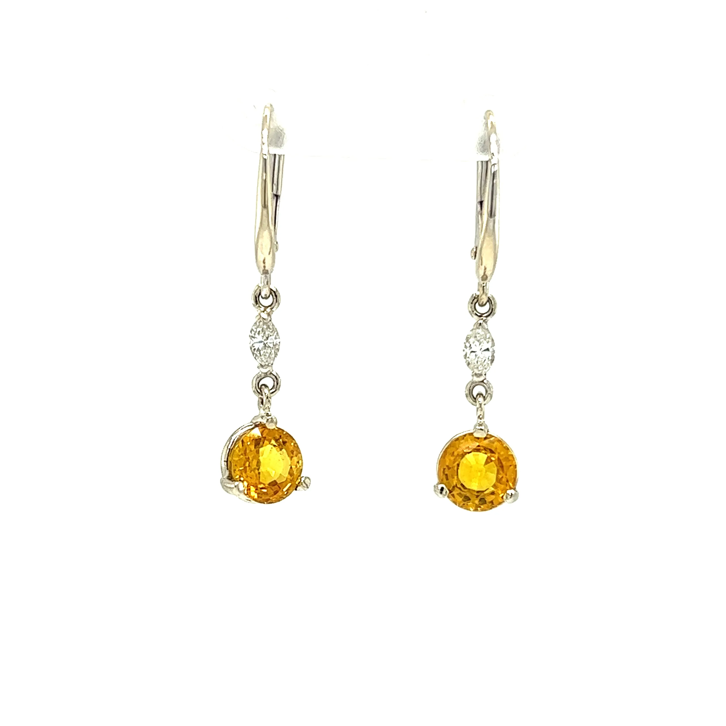 Yellow Sapphire Dangle Earrings with Two Marquise Accent Diamonds in 14K White Gold